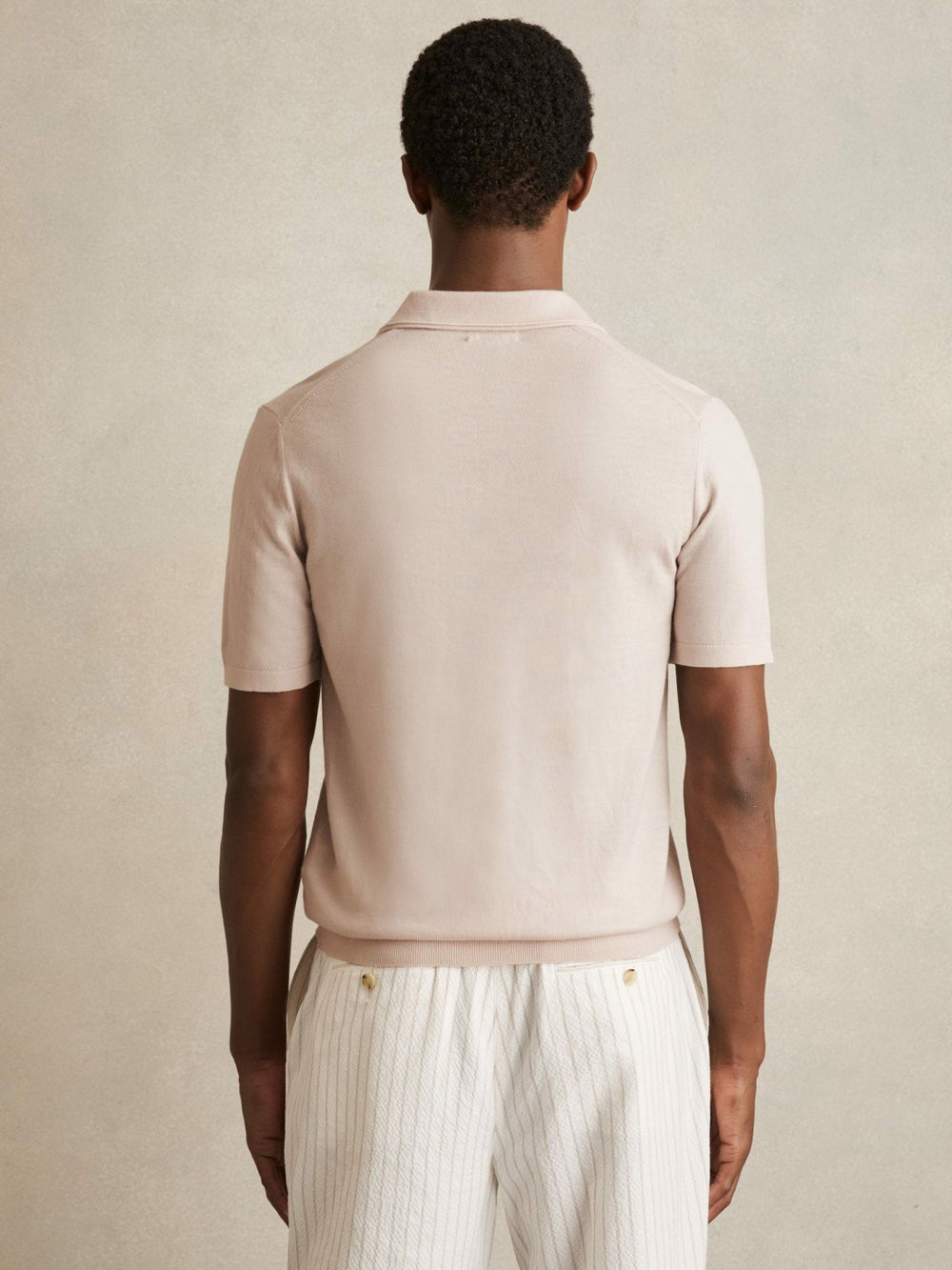 Men Merino Wool Open Collar Polo Shirt in Beige