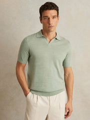 Men Merino Wool Open Collar Polo Shirt in Sage Green Melange
