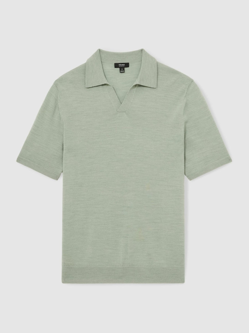 Men Merino Wool Open Collar Polo Shirt in Sage Green Melange