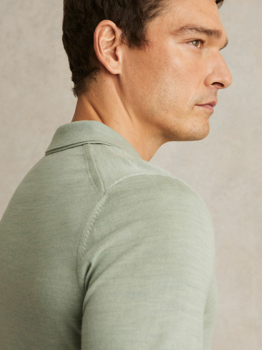 Men Merino Wool Open Collar Polo Shirt in Sage Green Melange