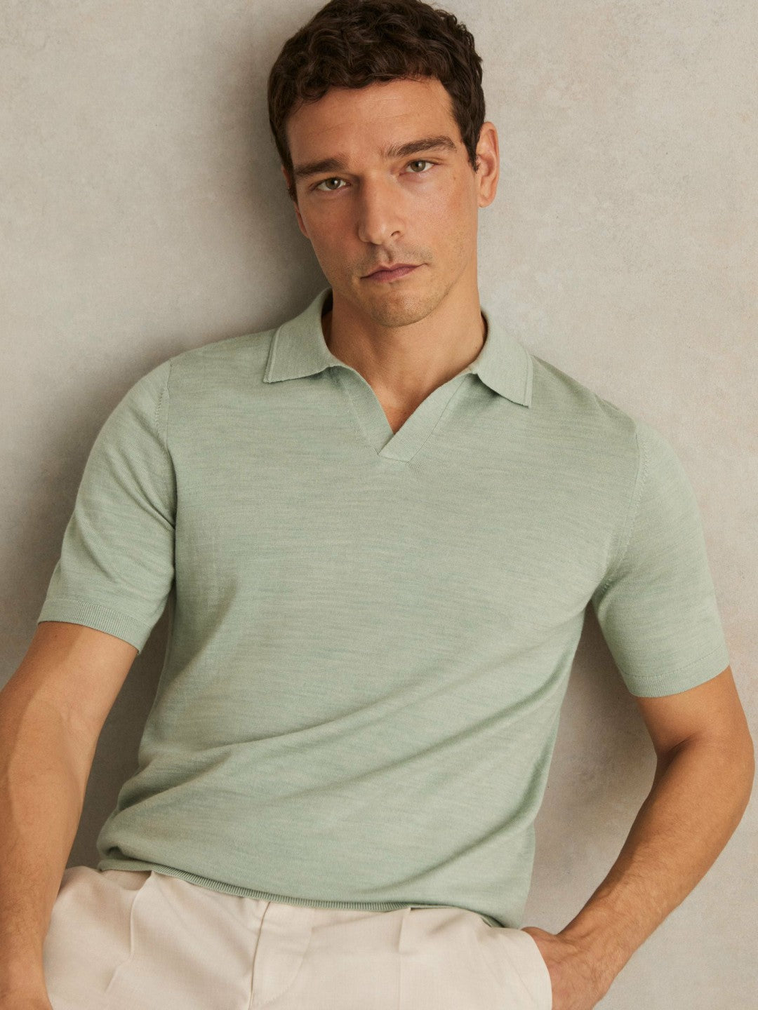 Men Merino Wool Open Collar Polo Shirt in Sage Green Melange