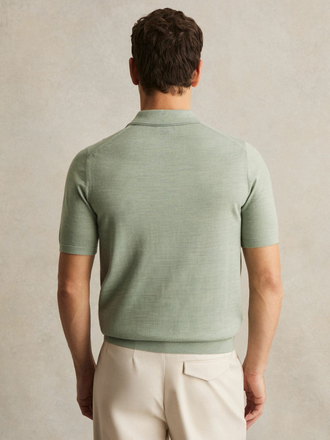 Men Merino Wool Open Collar Polo Shirt in Sage Green Melange