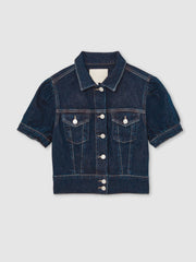 Women Paige Puff-Sleeve Short Denim Jacket in Emberlynn Blue