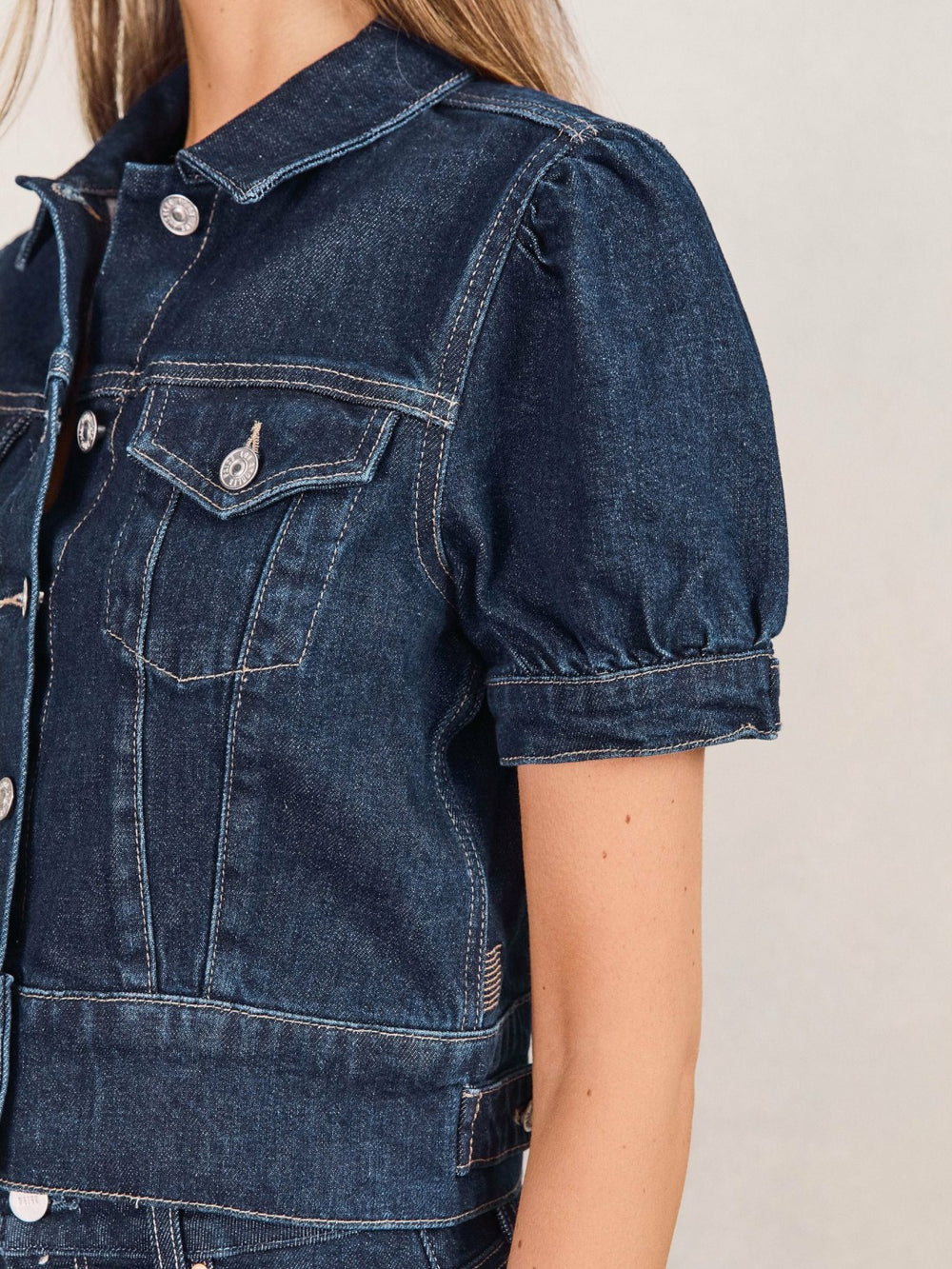 Women Paige Puff-Sleeve Short Denim Jacket in Emberlynn Blue