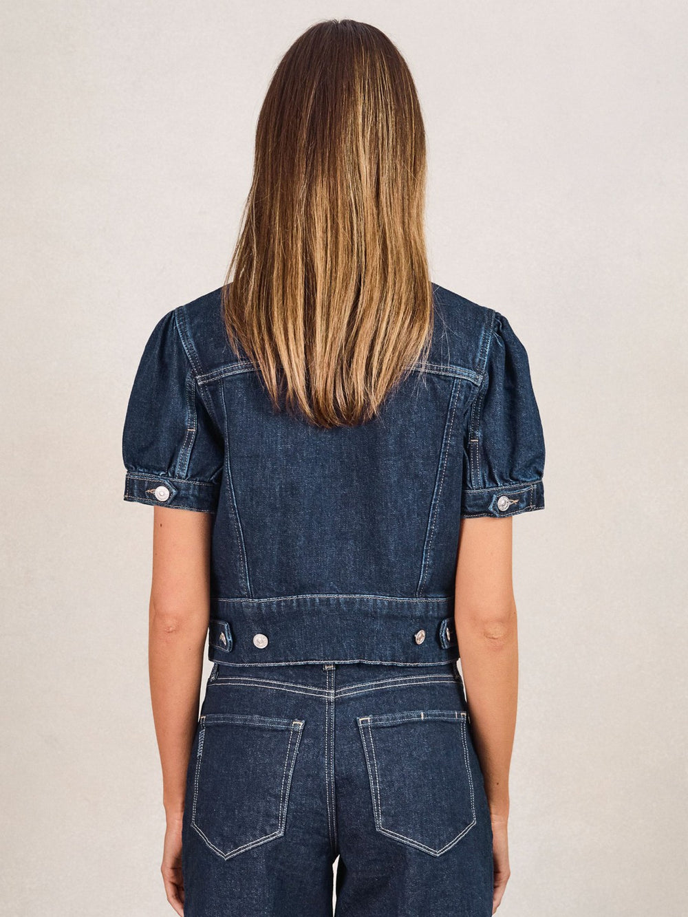 Women Paige Puff-Sleeve Short Denim Jacket in Emberlynn Blue