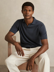 Men Merino Wool Open Collar Polo Shirt in Midnight Navy