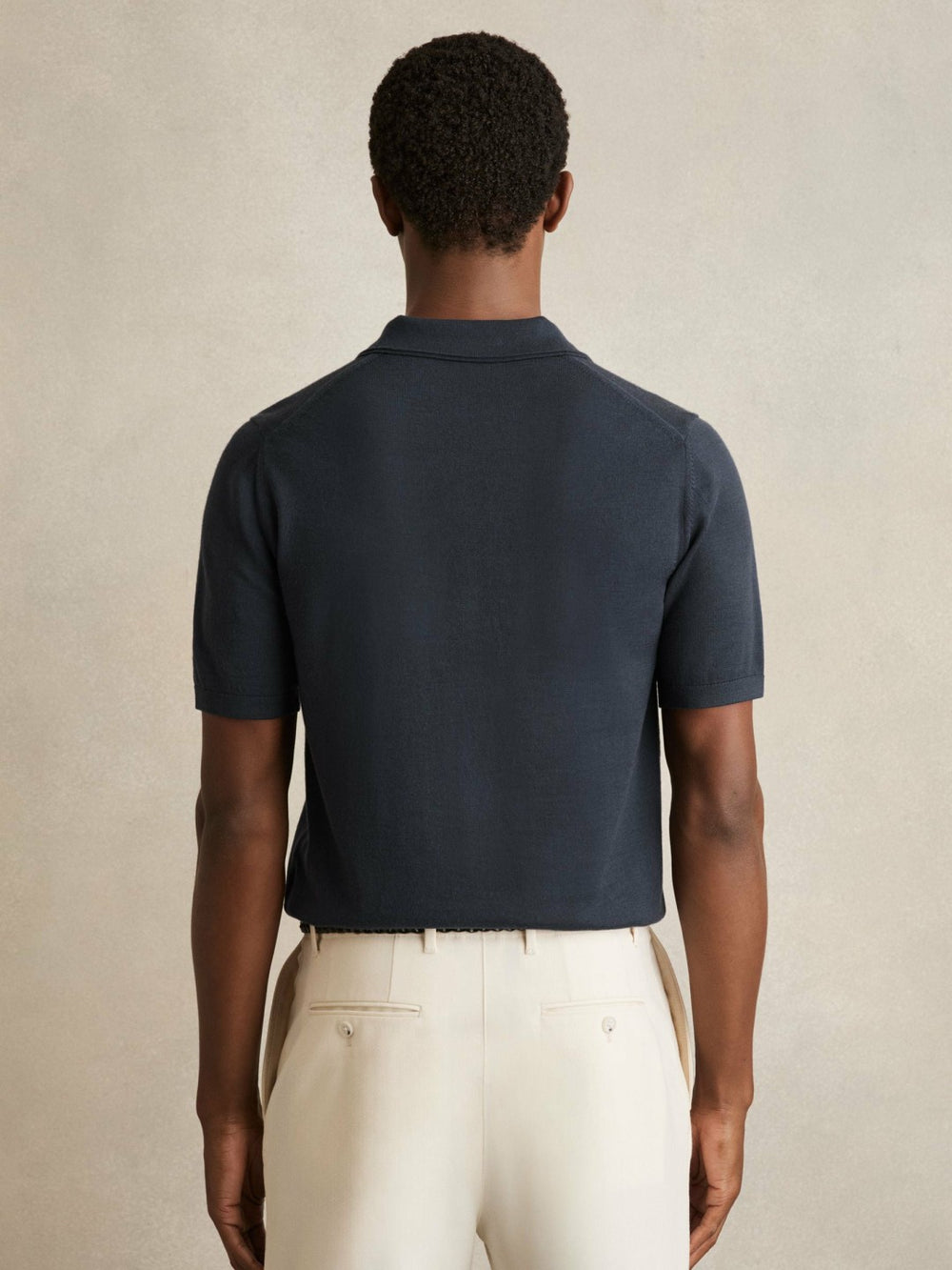 Men Merino Wool Open Collar Polo Shirt in Midnight Navy