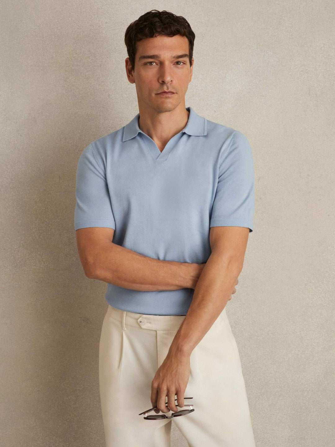 Men Merino Wool Open Collar Polo Shirt in Soft Blue