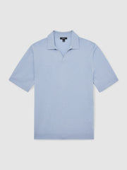 Men Merino Wool Open Collar Polo Shirt in Soft Blue