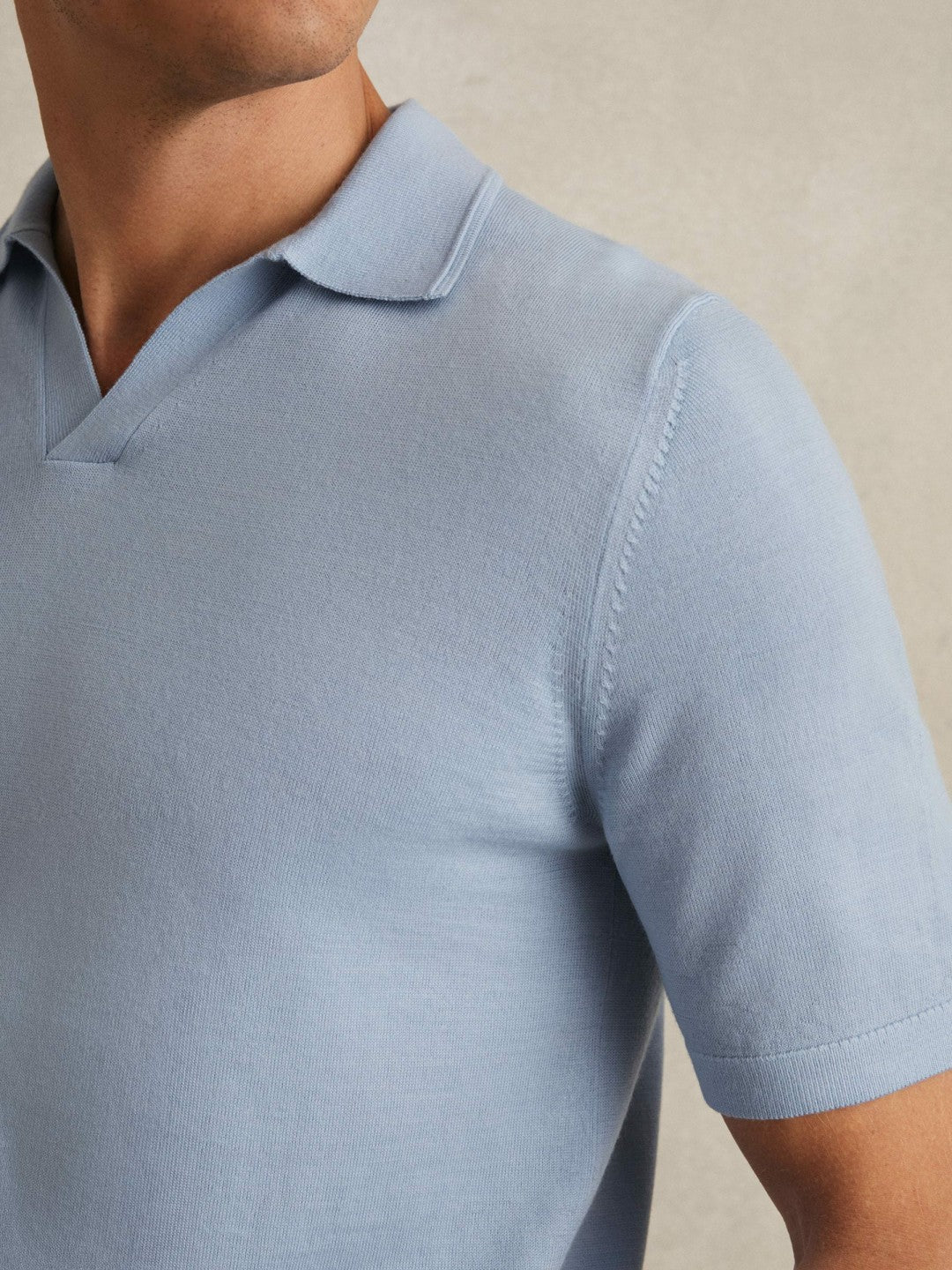 Men Merino Wool Open Collar Polo Shirt in Soft Blue