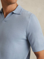 Men Merino Wool Open Collar Polo Shirt in Soft Blue