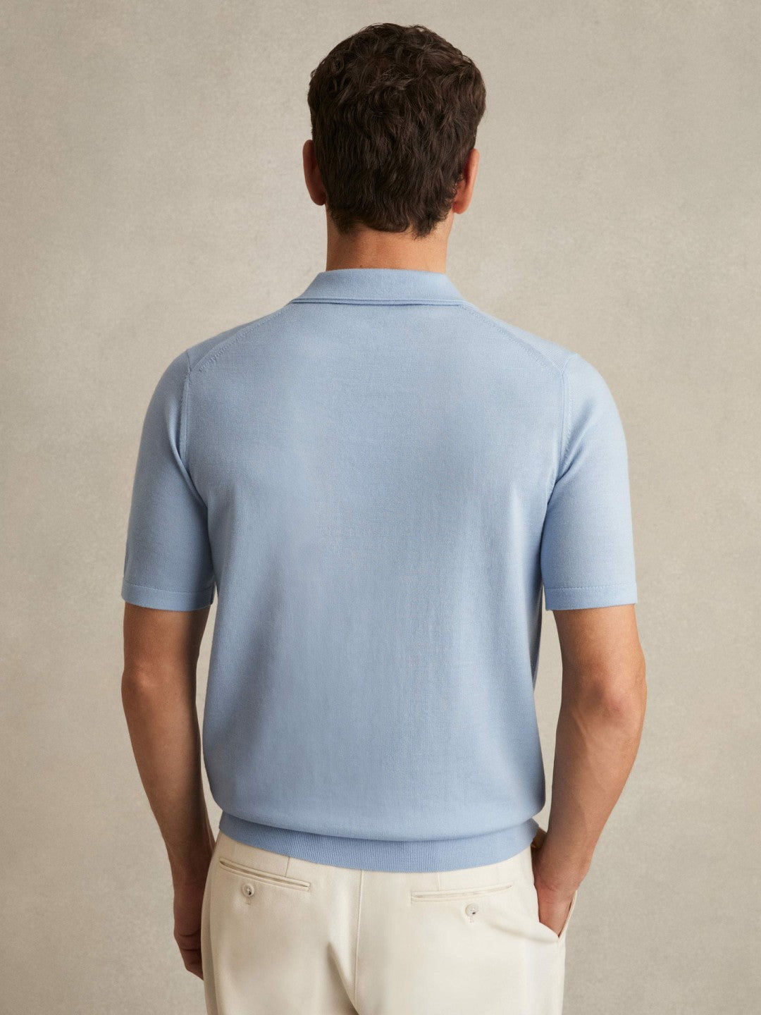 Men Merino Wool Open Collar Polo Shirt in Soft Blue