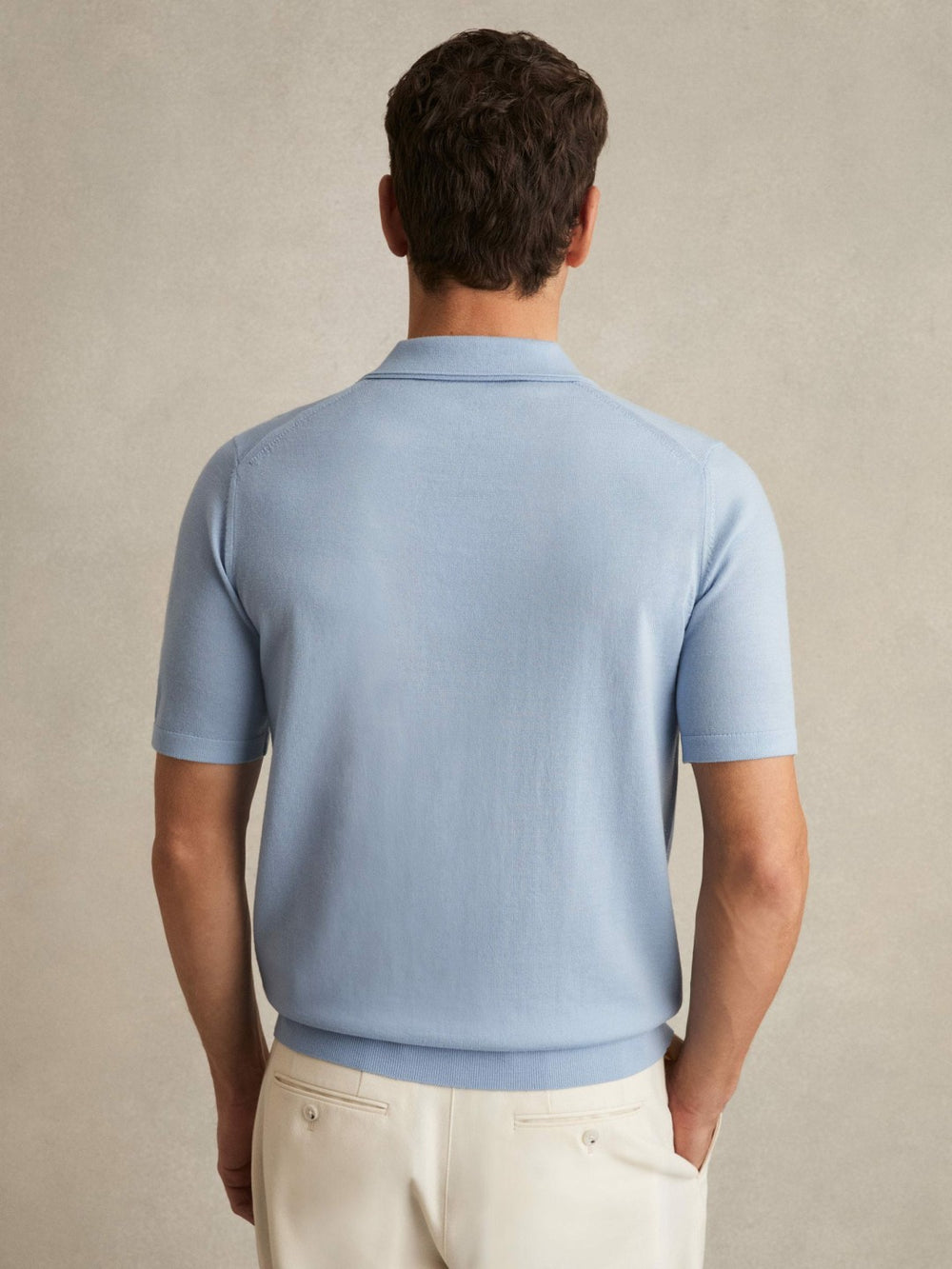 Men Merino Wool Open Collar Polo Shirt in Soft Blue