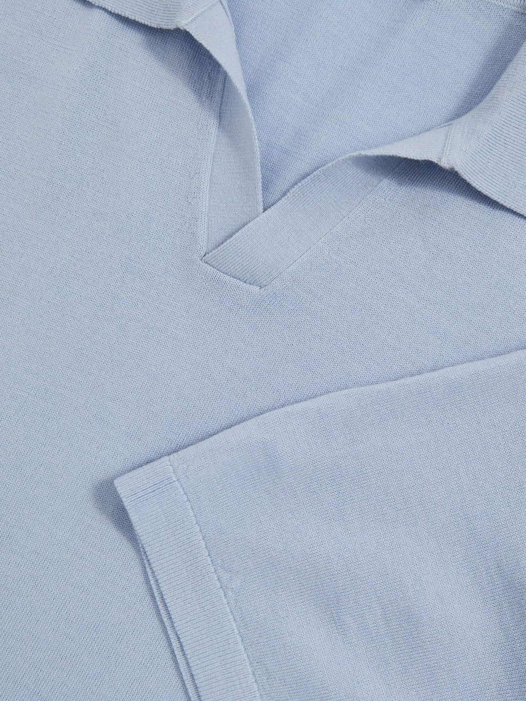 Men Merino Wool Open Collar Polo Shirt in Soft Blue