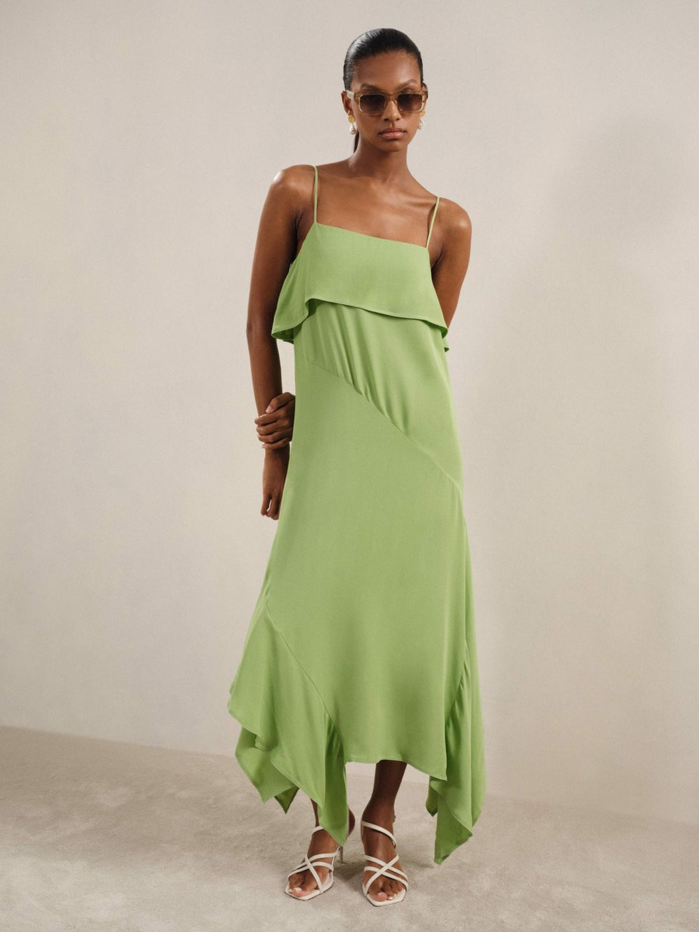 Women Ruffle-Detail Midi Dress in Green