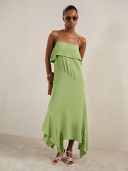 Women Ruffle-Detail Midi Dress in Green