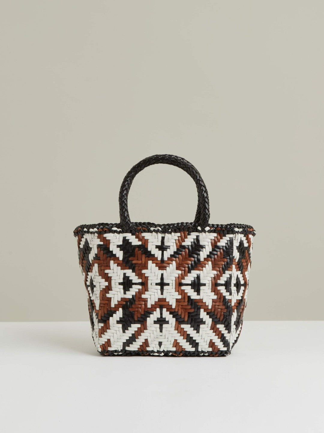 Women Small Leather Woven Tote Bag in Tan/White/Black