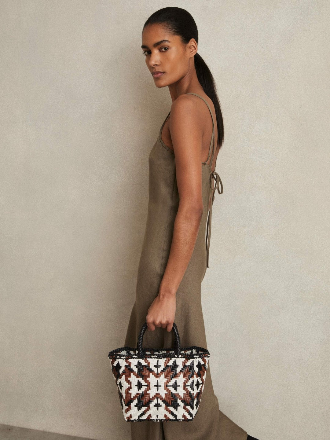 Women Small Leather Woven Tote Bag in Tan/White/Black
