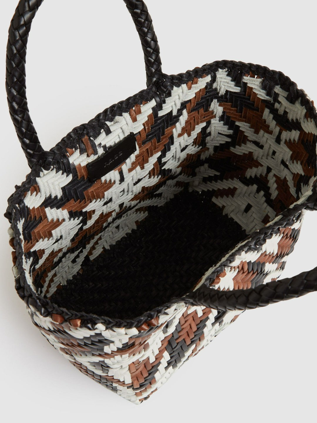 Women Small Leather Woven Tote Bag in Tan/White/Black