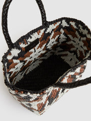 Women Small Leather Woven Tote Bag in Tan/White/Black