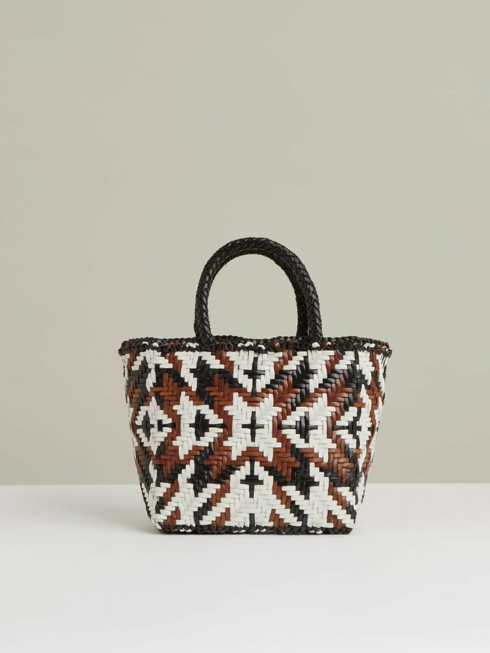 Women Small Leather Woven Tote Bag in Tan/White/Black