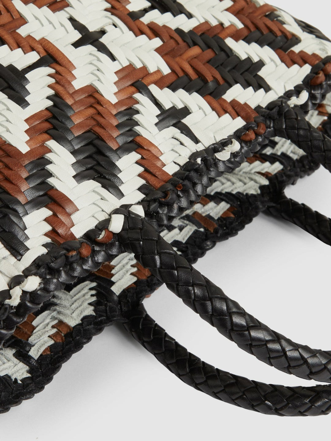 Women Small Leather Woven Tote Bag in Tan/White/Black