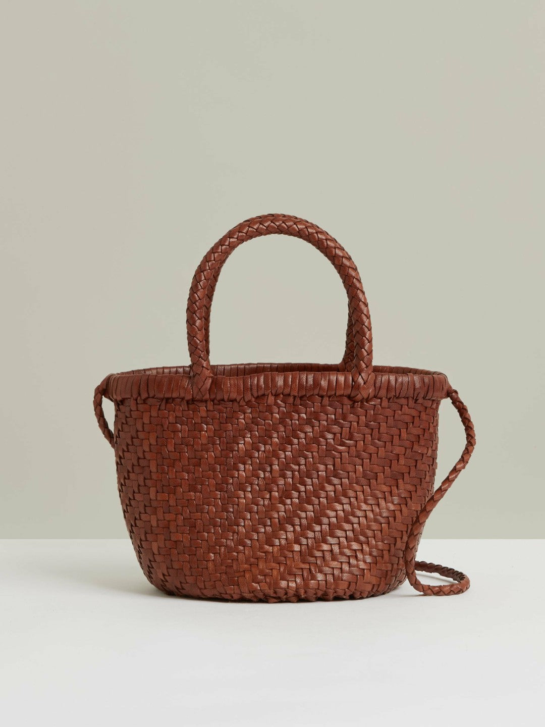 Women Leather Woven Mini Tote Bag in Tan