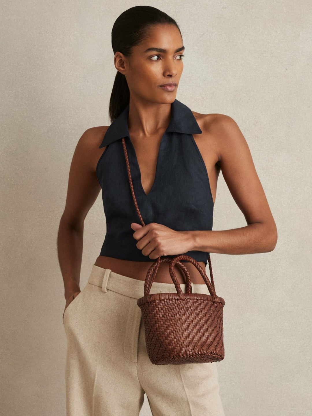 Women Leather Woven Mini Tote Bag in Tan