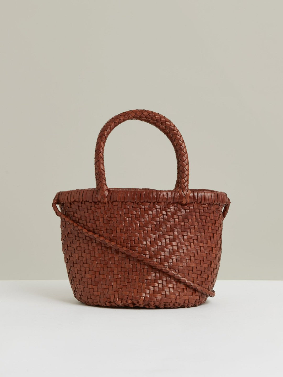 Women Leather Woven Mini Tote Bag in Tan