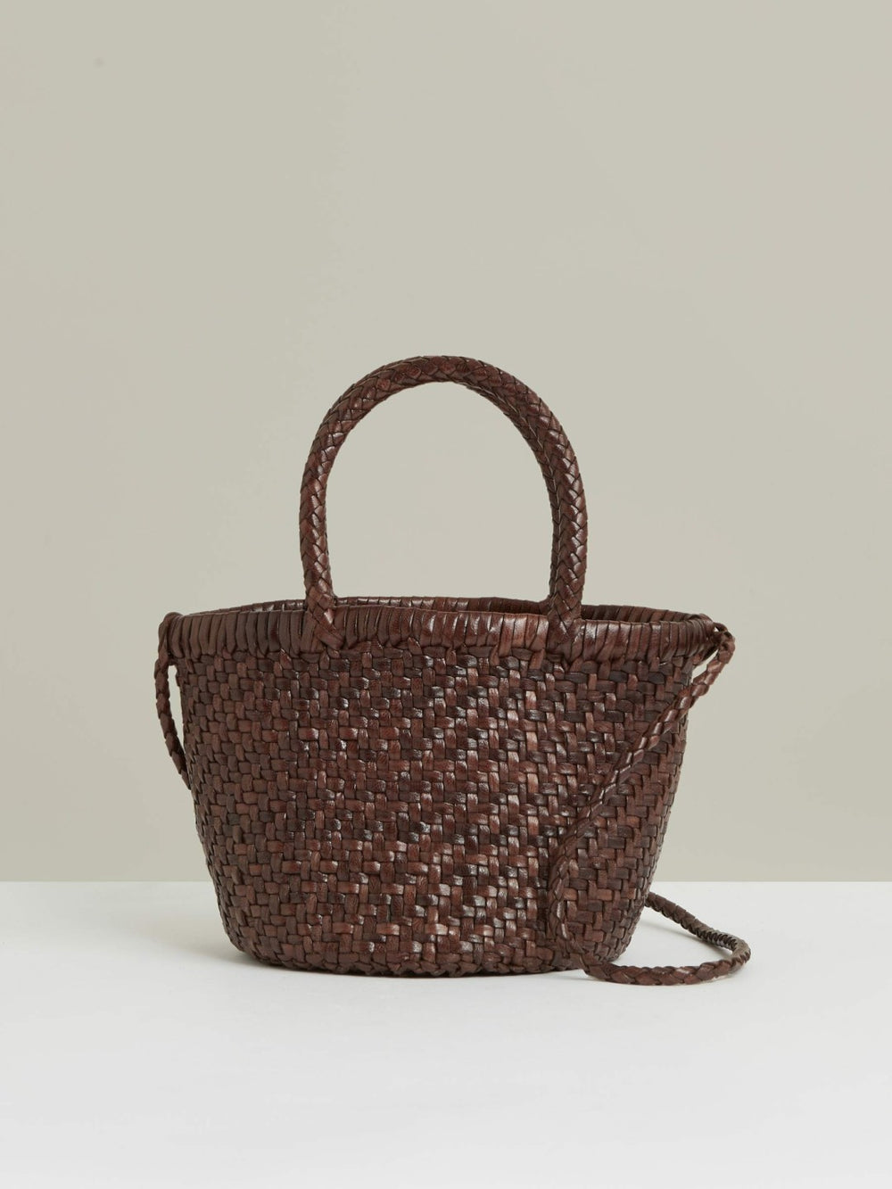 Women Leather Woven Mini Tote Bag in Chocolate