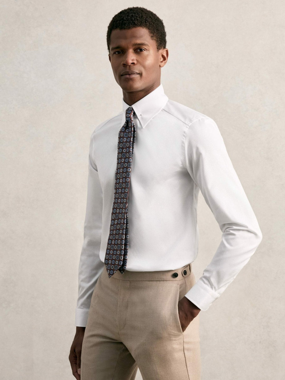 Men Slim Fit Cotton Pin Collar Shirt in White