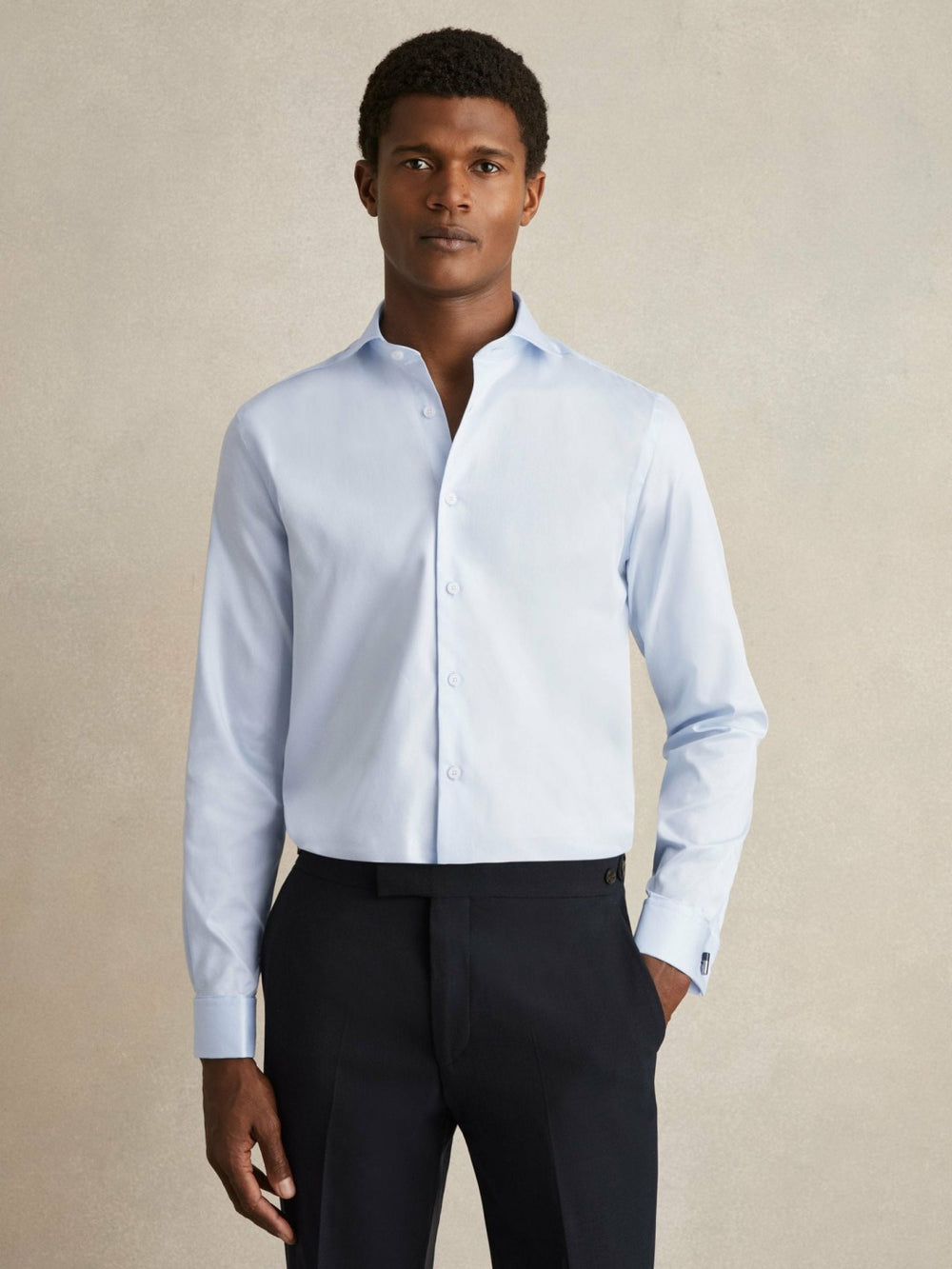 Men Regular Fit Slim-Fit Cotton Double-Cuff Shirt in Soft Blue