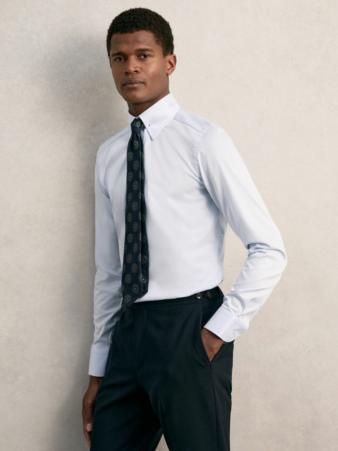 Men Slim Fit Cotton Pin Collar Shirt in Soft Blue