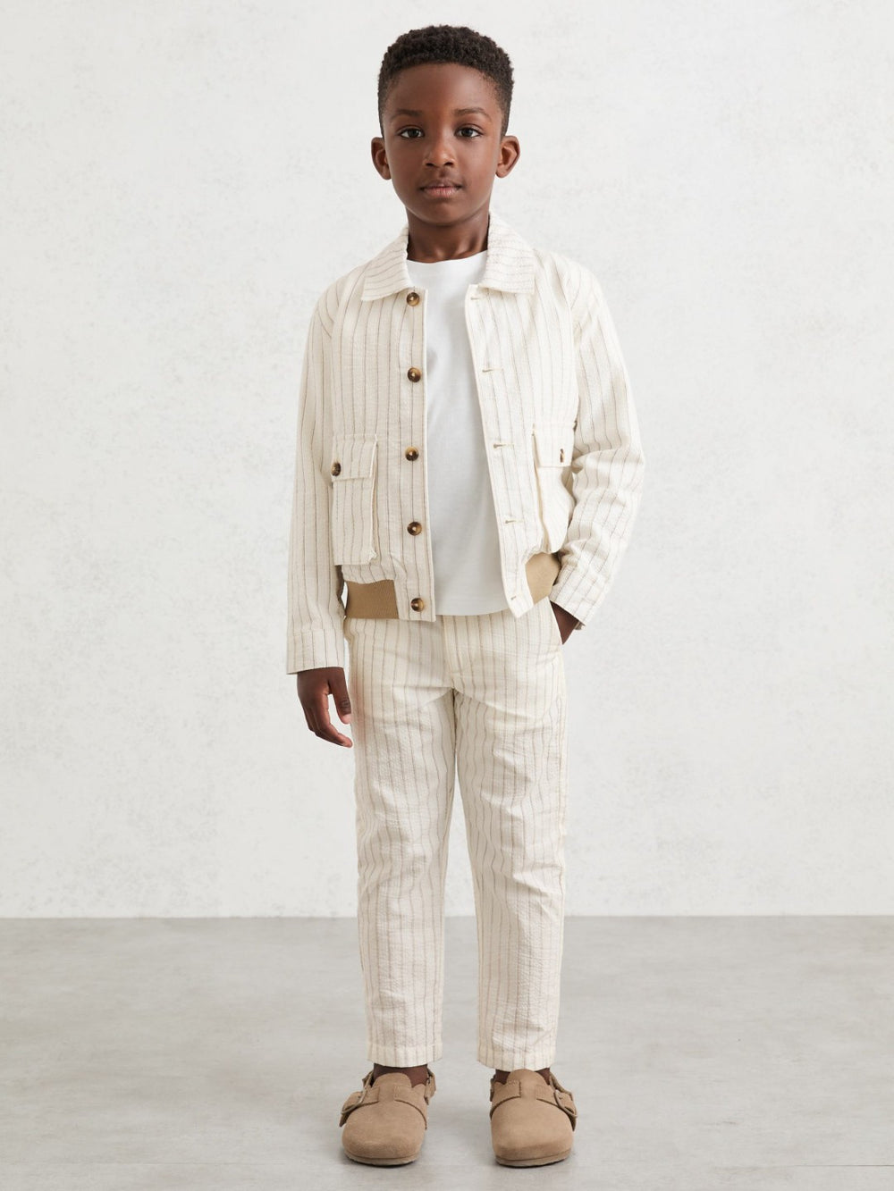 Children & Baby 13-14 yrs Cotton Pinstripe Harrington Jacket in Off White/Taupe Brown