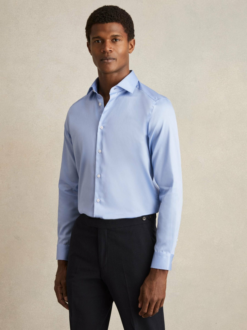 Men Slim Fit Cotton Sateen Shirt in Mid Blue