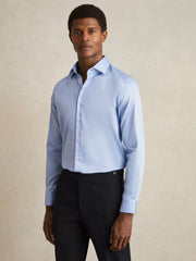 Men Slim Fit Cotton Sateen Shirt in Mid Blue