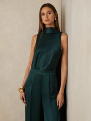 Women Satin Cape-Sash Jumpsuit in Teal Green