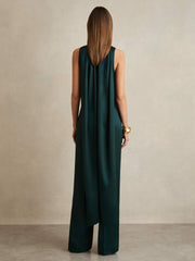 Women Satin Cape-Sash Jumpsuit in Teal Green
