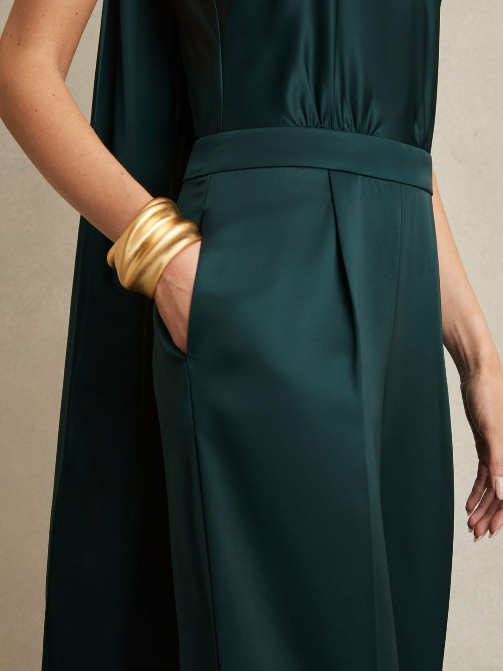Women Satin Cape-Sash Jumpsuit in Teal Green