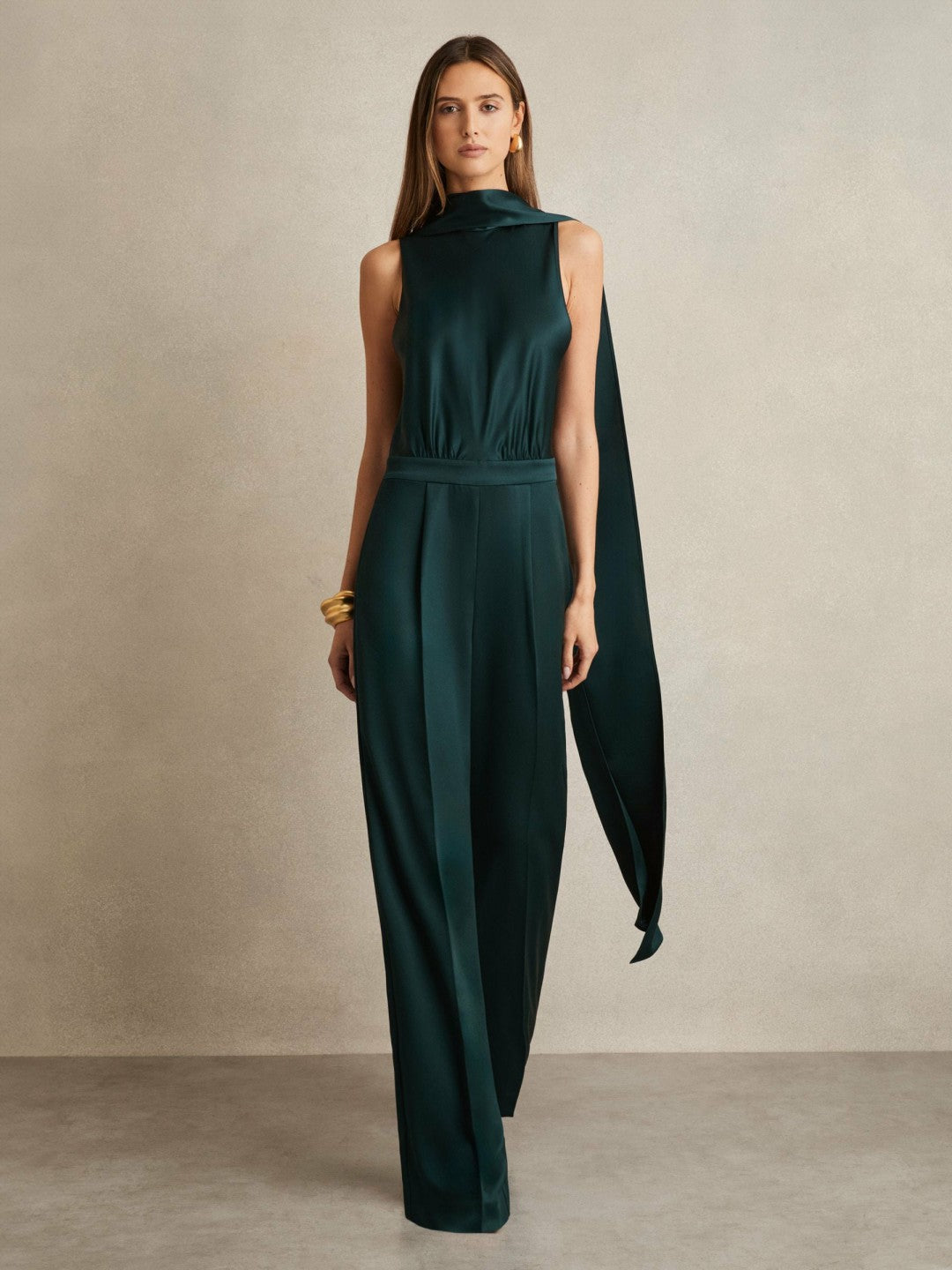 Women Satin Cape-Sash Jumpsuit in Teal Green