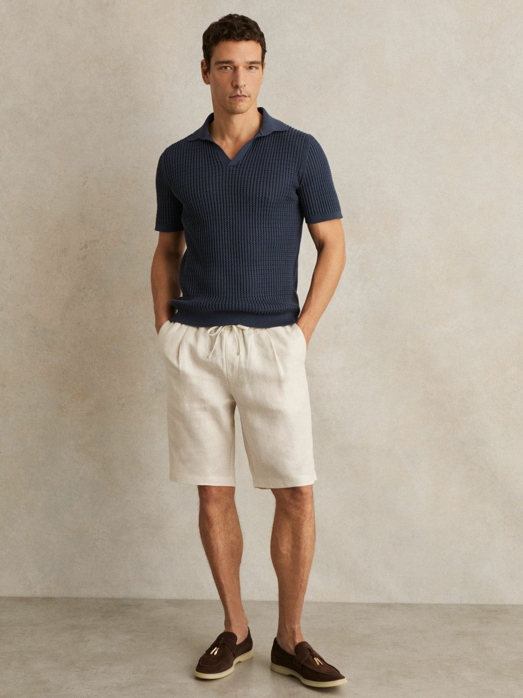 Men Linen Drawstring Shorts in Stone