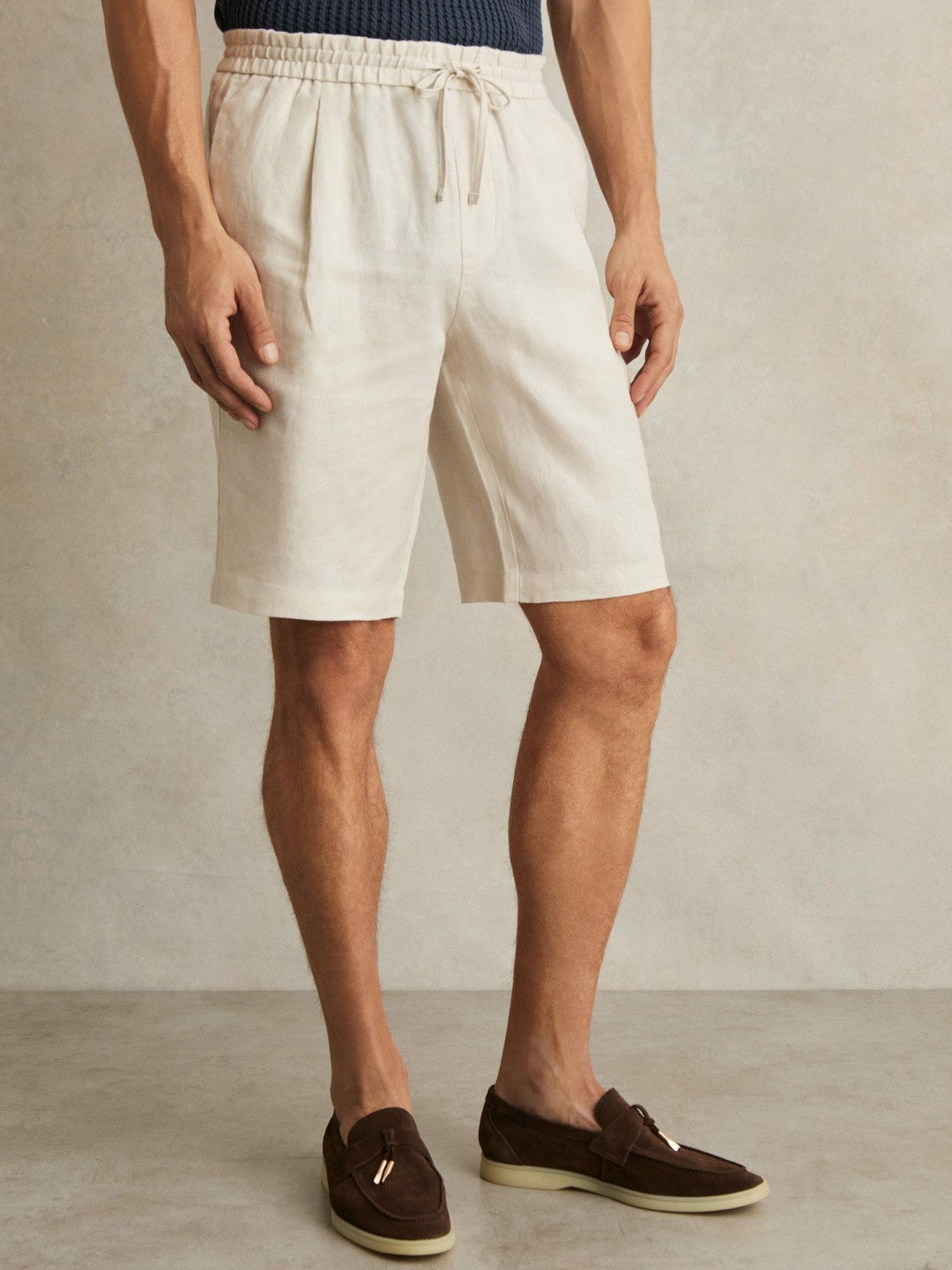 Men Linen Drawstring Shorts in Stone