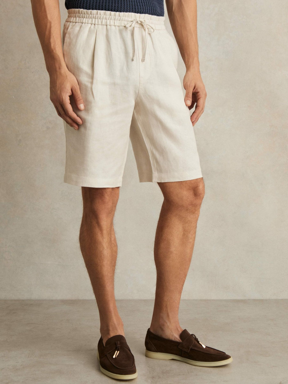 Men Linen Drawstring Shorts in Stone