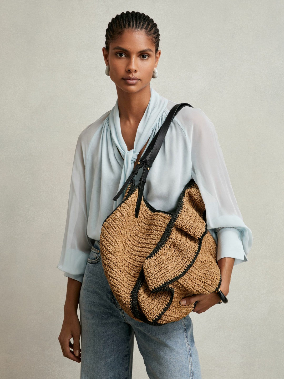 Women Raffia Ruffle Tote Bag in Natural