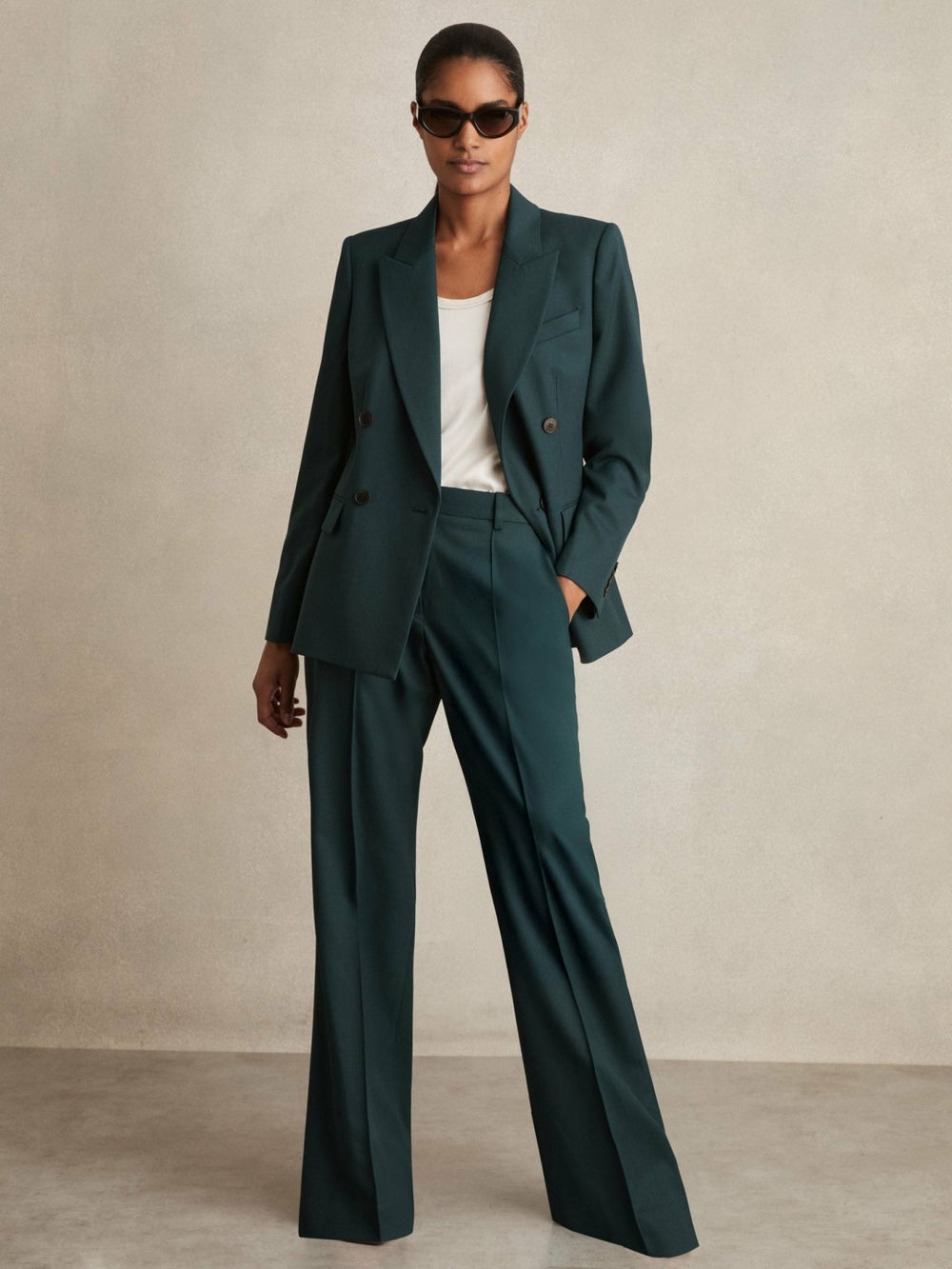 Women Wool-Blend Wide-Leg Suit Trousers in Green