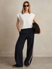 Women Petite Side-Stripe Wide-Leg Trousers in Navy