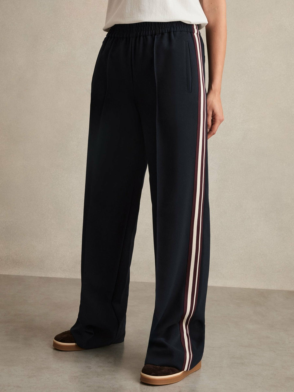 Women Petite Side-Stripe Wide-Leg Trousers in Navy