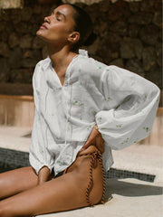 Women Floral-Embroidered Tie-Neck Blouse Ramie-Lyocell in Ivory