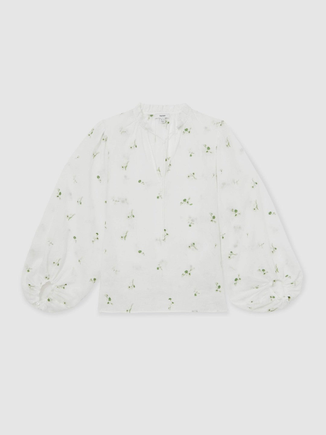 Women Floral-Embroidered Tie-Neck Blouse Ramie-Lyocell in Ivory