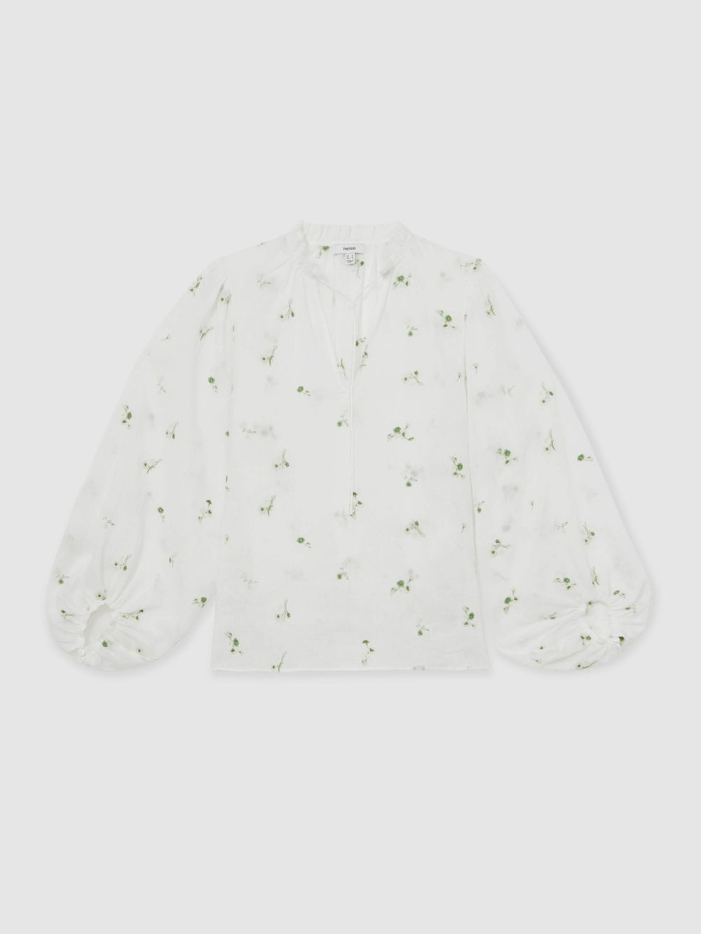 Women Floral-Embroidered Tie-Neck Blouse Ramie-Lyocell in Ivory